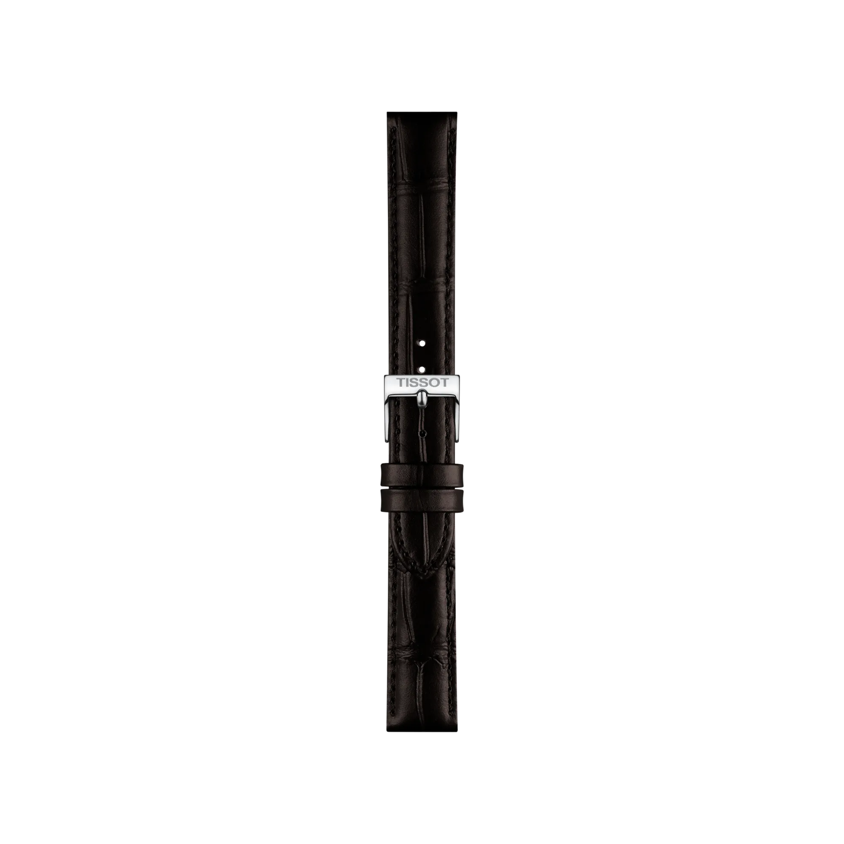 A Tissot Official brown leather watch strap with lugs measuring 16mm is displayed vertically on a plain white background.