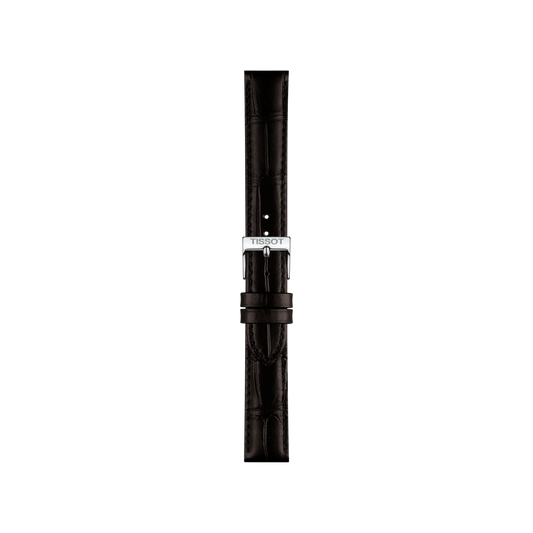 A Tissot Official brown leather watch strap with lugs measuring 16mm is displayed vertically on a plain white background.