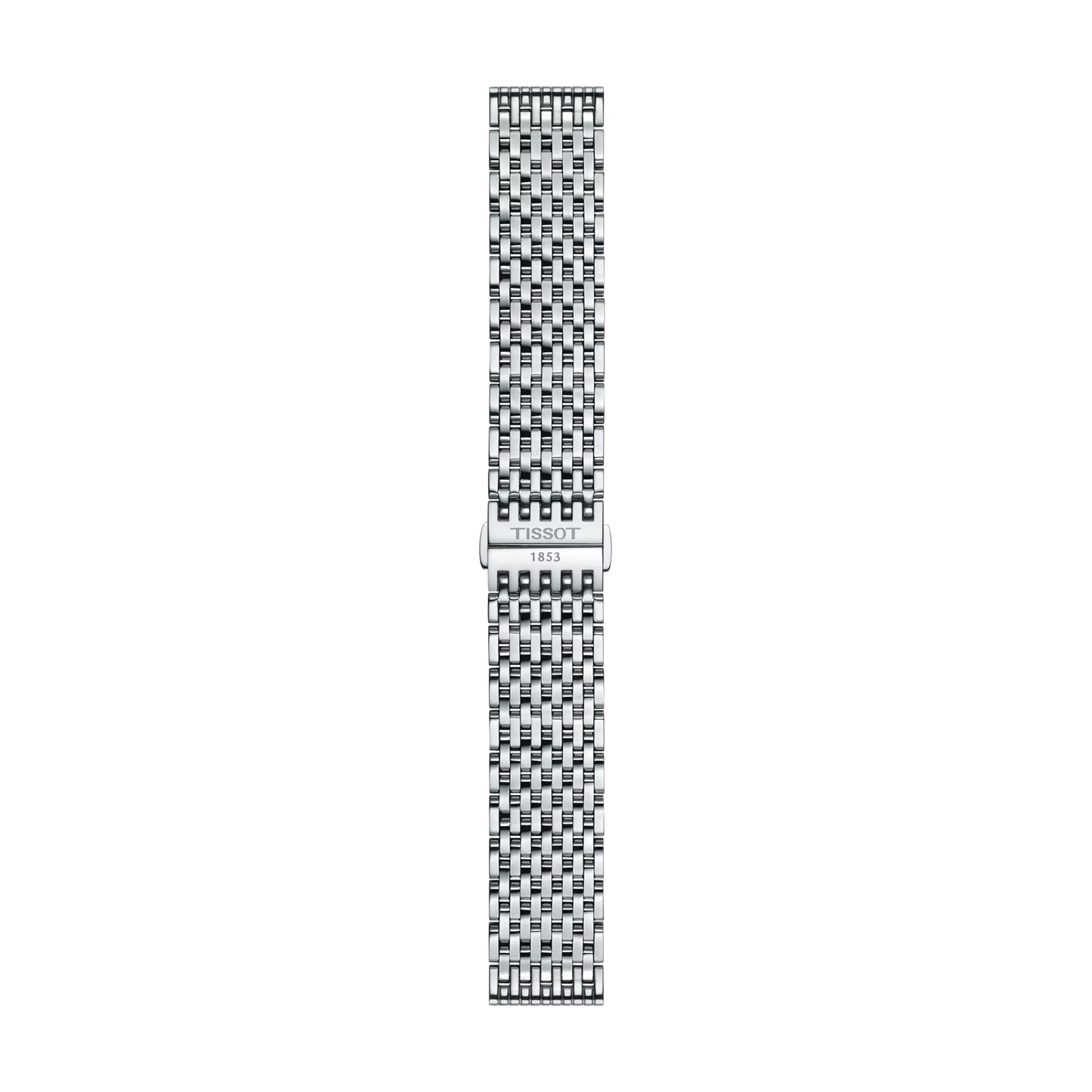 Tissot Official Stainless Steel Bracelet Lugs 20mm featuring a woven link pattern and a central clasp engraved with the Tissot logo and "1853," shown vertically on a white background.