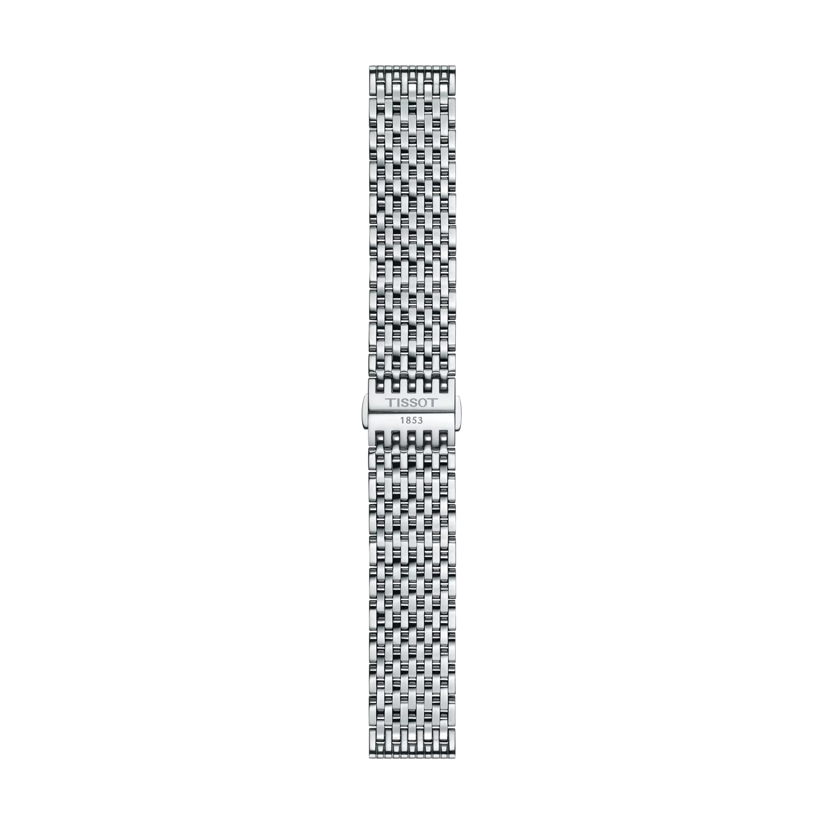 Tissot Official Stainless Steel Bracelet Lugs 20mm featuring a woven link pattern and a central clasp engraved with the Tissot logo and "1853," shown vertically on a white background.