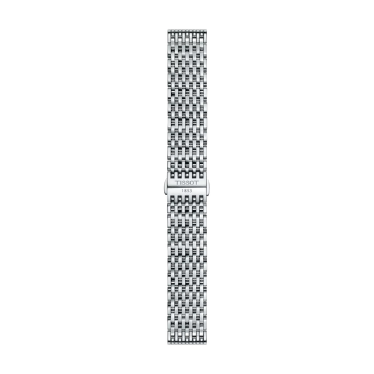 Tissot Official Stainless Steel Bracelet Lugs 20mm featuring a woven link pattern and a central clasp engraved with the Tissot logo and "1853," shown vertically on a white background.