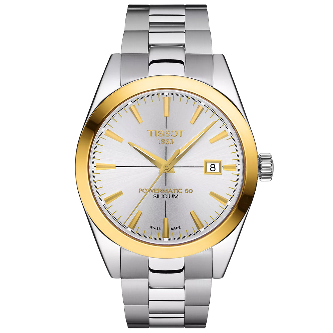 The Tissot Gentleman Powermatic 80 Automatic Silicium 40mm Watch features a silver two-tone metal band, 18K gold bezel, gold markers and hands, date window at 3 o’clock, and a “TISSOT 1853 Powermatic 80 Silicium” Swiss automatic dial.