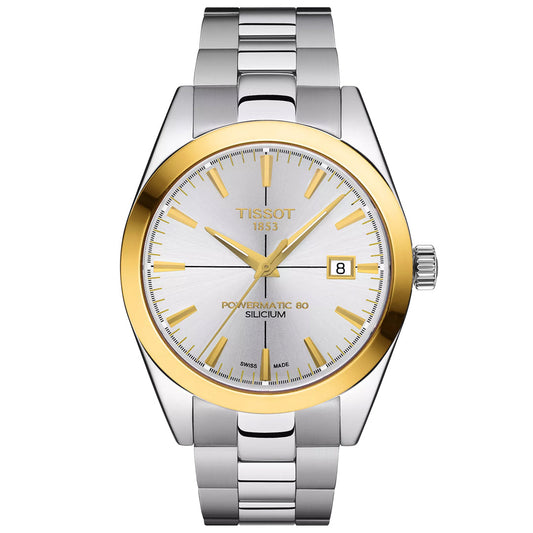 The Tissot Gentleman Powermatic 80 Automatic Silicium 40mm Watch features a silver two-tone metal band, 18K gold bezel, gold markers and hands, date window at 3 o’clock, and a “TISSOT 1853 Powermatic 80 Silicium” Swiss automatic dial.