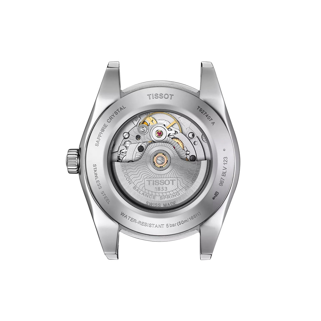 Back view of the Tissot Gentleman Powermatic 80 Automatic 40mm Watch with 18K gold bezel displays its Swiss movement, visible gears, and caseback inscriptions showing brand, model details, water resistance, and sapphire crystal.