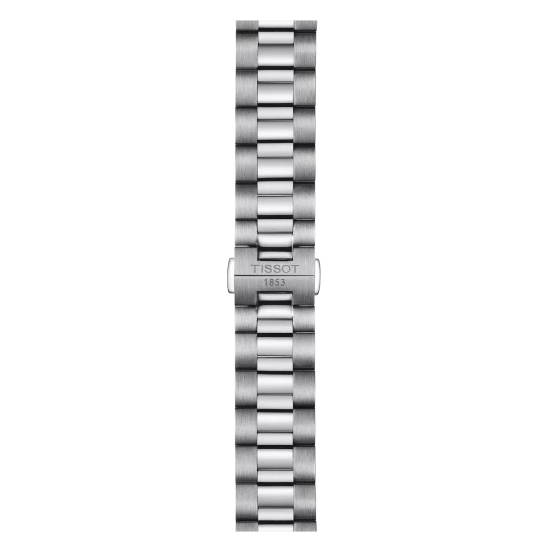 Tissot Gentleman Powermatic 80 Automatic 40mm watch with an 18K gold bezel, silver stainless steel bracelet, brushed finish, and "TISSOT 1853" clasp. Features a scratch-resistant sapphire crystal for lasting elegance.