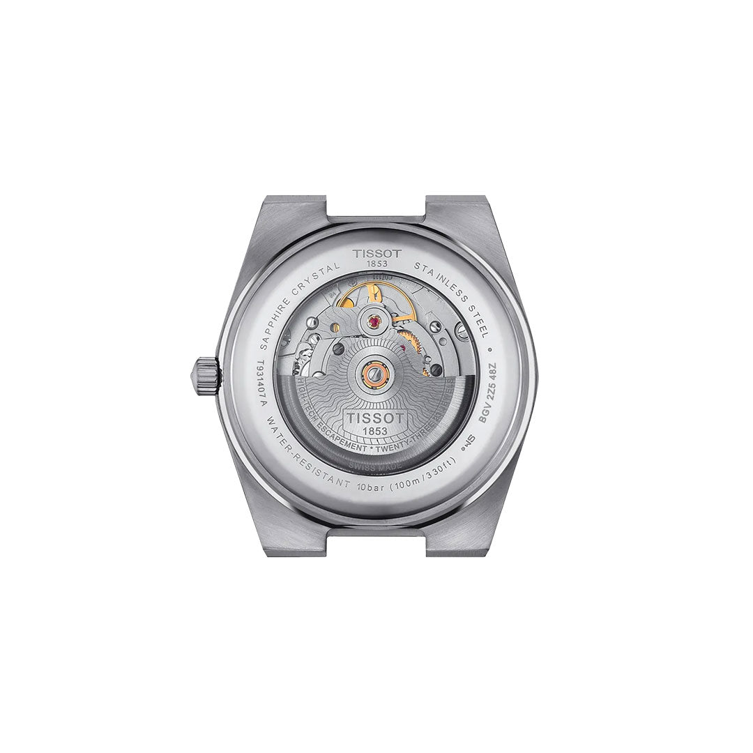 Back view of the Tissot PRX 18K Gold Powermatic 80 Automatic 40mm Watch, featuring Swiss-made automatic movement visible through a scratch-resistant sapphire crystal case back, engraved details, and a stainless steel case.