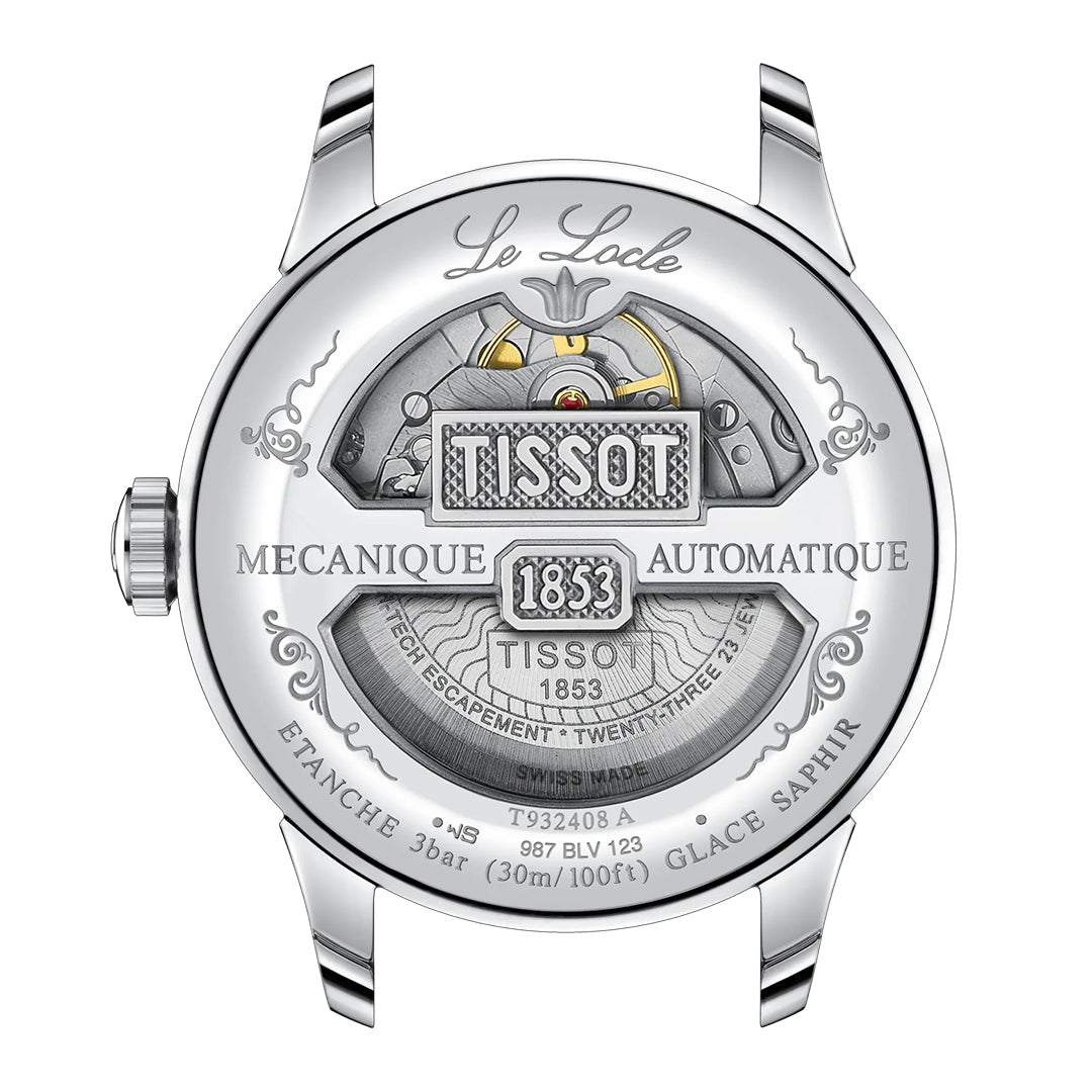 Close-up of the Tissot Le Locle COSC Automatic 39.3mm Watch with an 18K gold bezel, highlighting its Swiss automatic movement, engraved details, and transparent sapphire crystal case back with “TISSOT 1853” on the rotor.