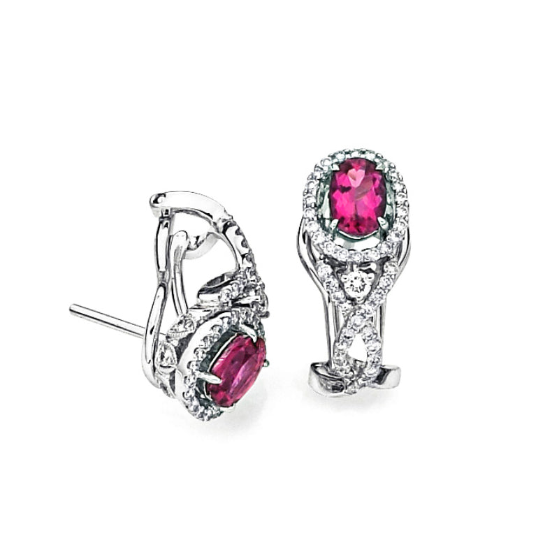 The Simon G. 18K White Gold Rubelite Tourmaline with Diamond Earrings showcase two sophisticated pieces featuring oval Rubellite Tourmaline gemstones encircled by small white diamonds, all set in a stylish white gold design. One earring displays its back, emphasizing the stud closure.