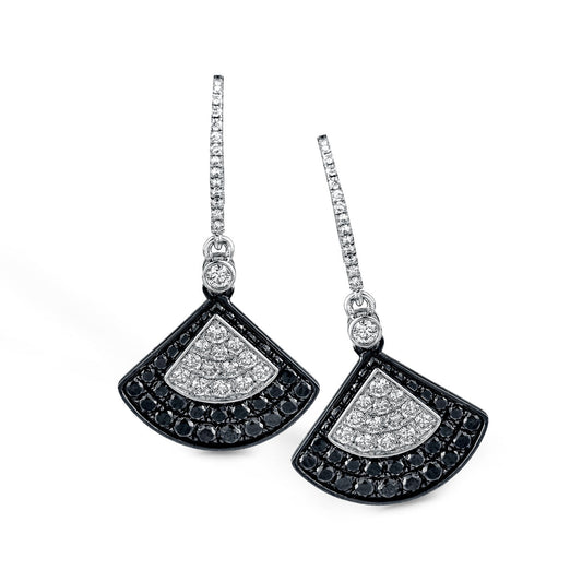 The Simon G. 18K White Gold Diamond Earrings showcase a fan-shaped design embellished with black and white gemstones. Inspired by Simon G., each earring features a delicate, dangling slender stem adorned with small clear stones, exuding sophistication and luxury.