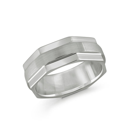 This Malo Tungsten 8mm Wedding Band, crafted by Malo, showcases a silver geometric ring design with a modern angular look and features a matte finish complemented by polished edges for added elegance and durability.