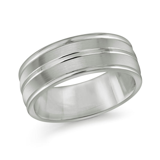 The Malo Tungsten 8mm Wedding Band is a minimalist silver wedding ring crafted with tungsten, featuring a smooth, polished surface and two subtle parallel grooves. This elegant piece reflects light gently across its design, making it a timeless accessory for any occasion.