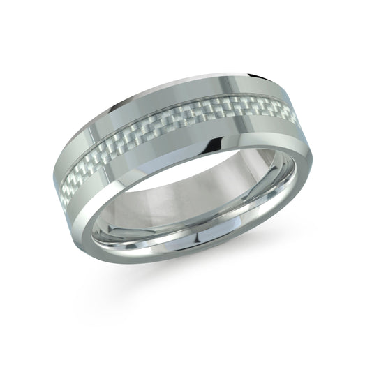 The Malo Tungsten 8mm Wedding Band by Malo showcases a polished silver finish with a carbon fiber inlay that elegantly reflects light. Its sleek design, complemented by a slight angle, offers a sophisticated and modern touch for those seeking contemporary elegance.