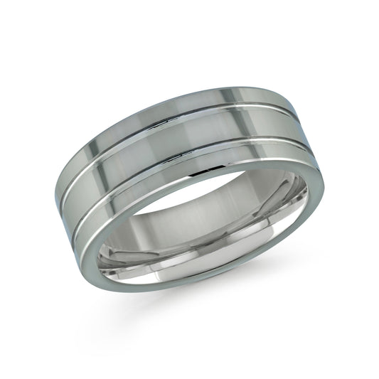 Introducing the Malo Tungsten 8mm Wedding Band: a sleek and polished ring crafted from tungsten. This silver metallic band features two subtle grooves encircling its 8mm wide exterior, adding a modern and stylish touch. Set against a plain white background, the ring's reflective surface is beautifully highlighted.