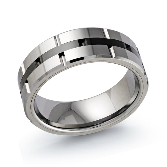 The Malo Tungsten 8mm Wedding Band, crafted by Malo, showcases a sleek and modern design with two parallel grooves encircling its silver surface. This wedding band features a polished finish that elegantly reflects light and is displayed against a plain white background.