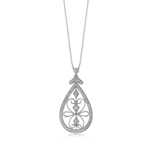 The Simon G. 18K White Gold Diamond Necklace Pendant boasts a stunning teardrop-shaped pendant with an intricate, symmetrical design adorned with delicate curves and sparkling diamond accents. It gracefully hangs from a fine chain against a white background.