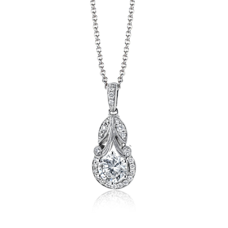 The Simon G. necklace features an ornate 18K white gold pendant with intricate detailing, showcasing a large, sparkling diamond at the center surrounded by round diamonds. The finely linked chain perfectly complements the elegant design of this Simon G creation.