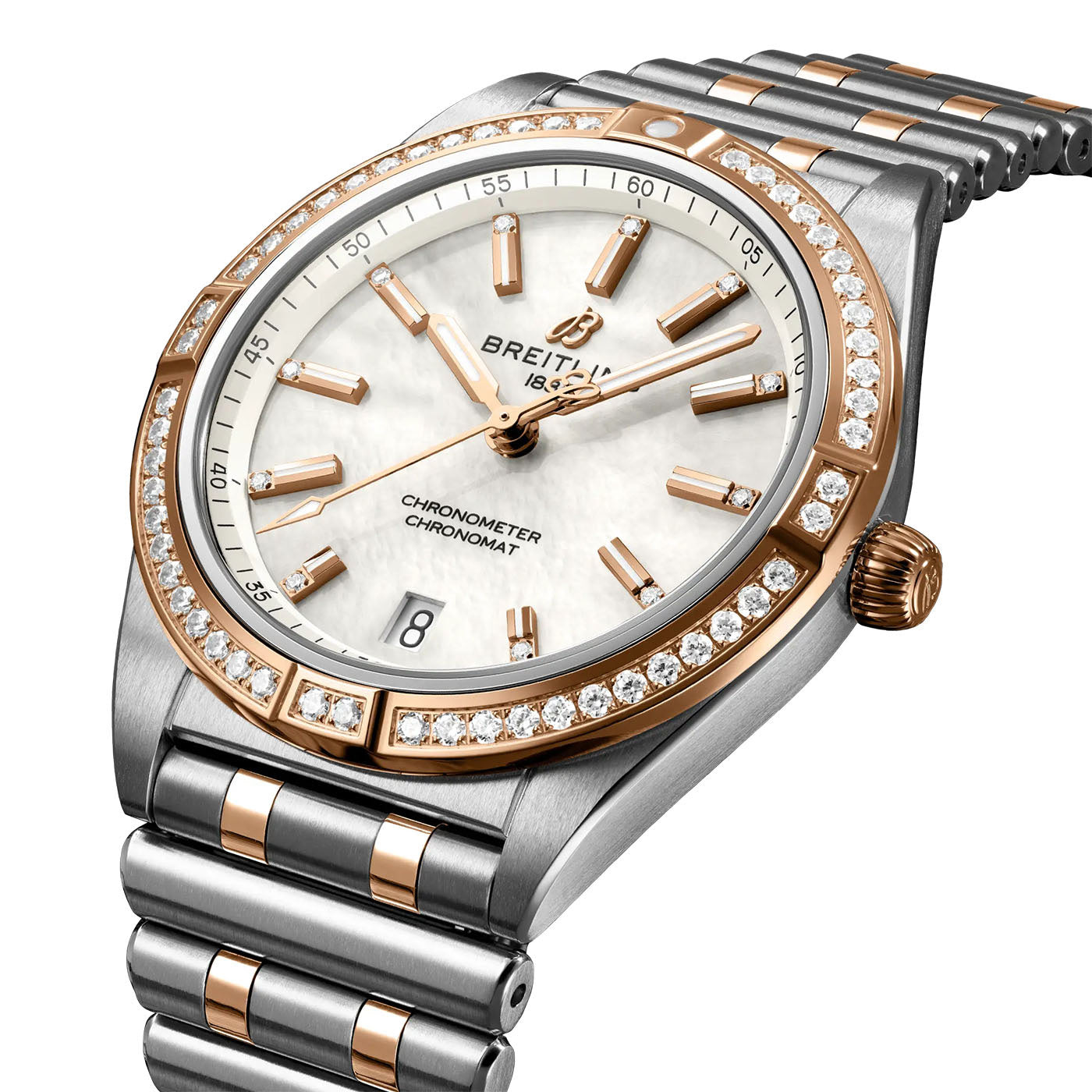 The BREITLING Chronomat Automatic 36 is a luxury mechanical timepiece that features a stainless steel and gold bracelet. Its white dial accentuates the gold hour markers and hands, while a diamond-encrusted bezel enhances its elegance. The Breitling brand name and "1884" are prominently displayed below the 12 o'clock position, with the date positioned at 6 o'clock.