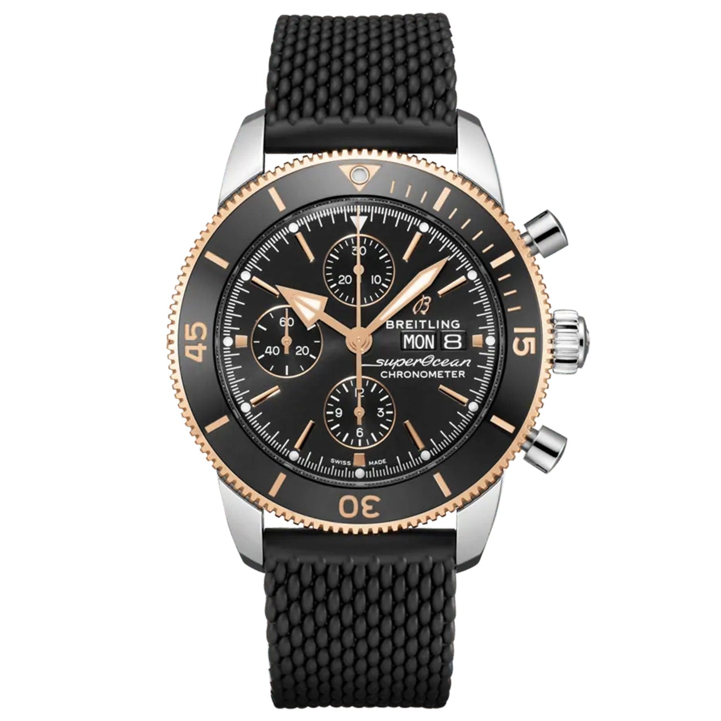 The BREITLING Superocean Heritage Chronograph 44 is a luxury wristwatch from Breitling, offering precision timing with a black dial and gold accents. It includes three subdials, a day-date display, and features a textured black rubber strap. The watch's bi-colored bezel comes with minute markers for enhanced functionality.