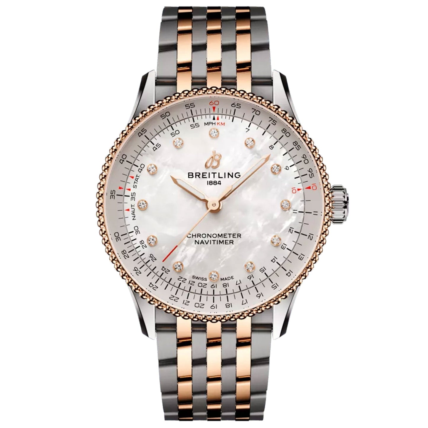 The elegant BREITLING Navitimer Automatic 36 by Breitling features a mother-of-pearl dial adorned with diamond hour markers and a two-tone rose gold and silver bracelet. This sophisticated timepiece is enhanced with detailed chronometer markings and includes a date display.