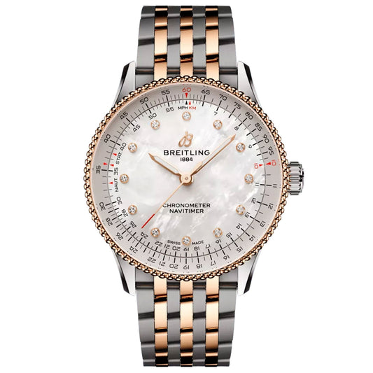 The elegant BREITLING Navitimer Automatic 36 by Breitling features a mother-of-pearl dial adorned with diamond hour markers and a two-tone rose gold and silver bracelet. This sophisticated timepiece is enhanced with detailed chronometer markings and includes a date display.