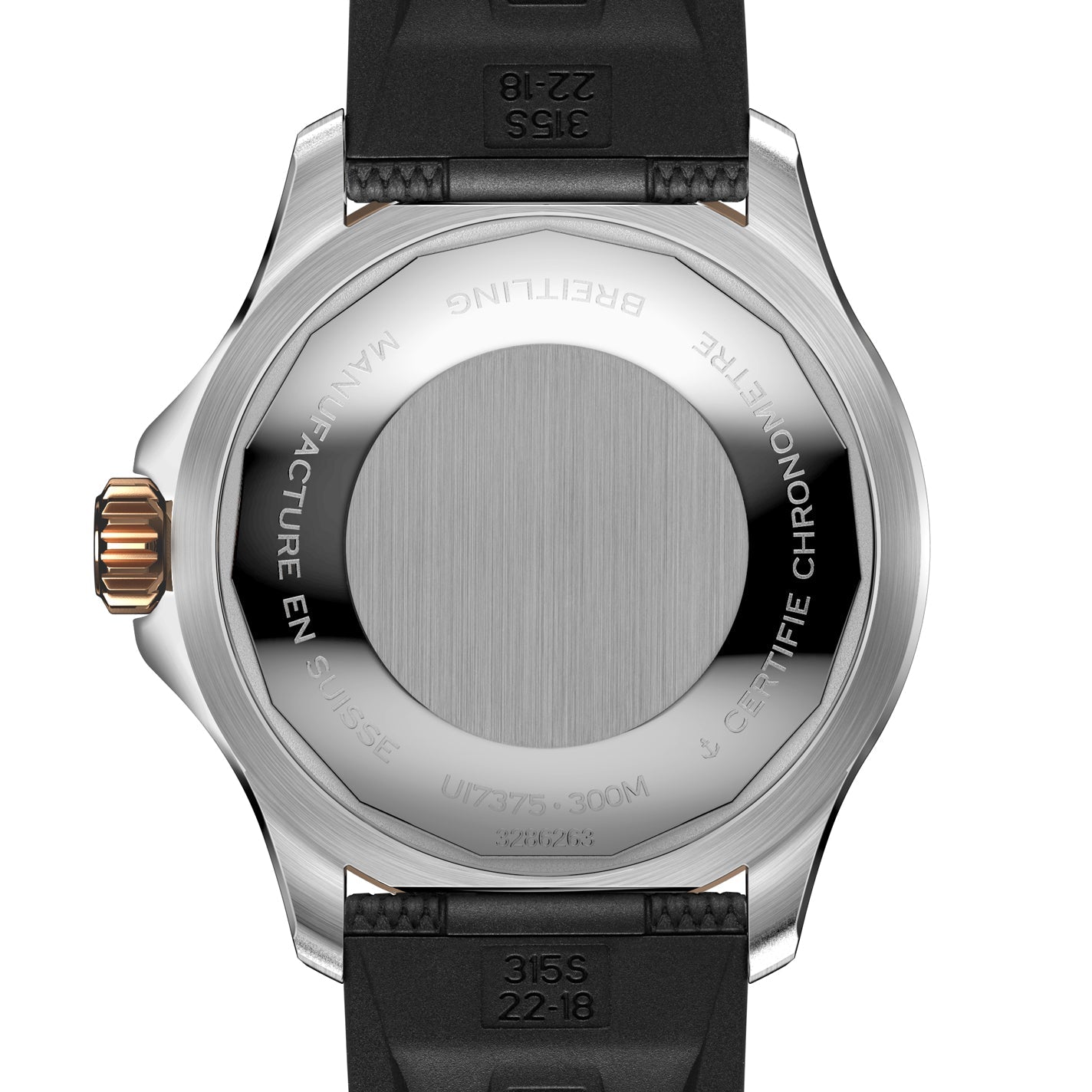 Back view of the BREITLING Superocean Automatic 42 wristwatch showcasing a stainless steel case with engravings. The text includes "Manufacture en Suisse" and "Breitling Certified Chronometer." This water-resistant timepiece features a black strap and a gold crown on the left side, perfect for those passionate about scuba diving.