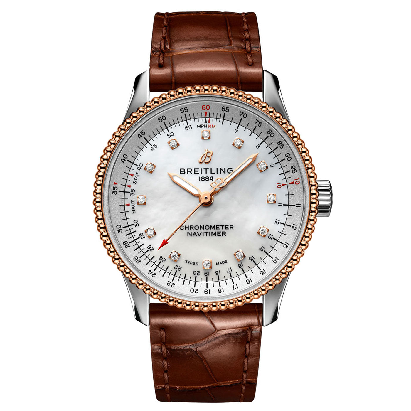 Introducing the Certified Pre-Owned BREITLING Navitimer Automatic 35, a luxurious timepiece by Breitlin1. It features a brown leather strap, a beaded bezel, and a white dial adorned with diamond hour markers. As a COSC-certified chronometer, it showcases the iconic circular slide rule and proudly displays the engraving "1884" on its face.