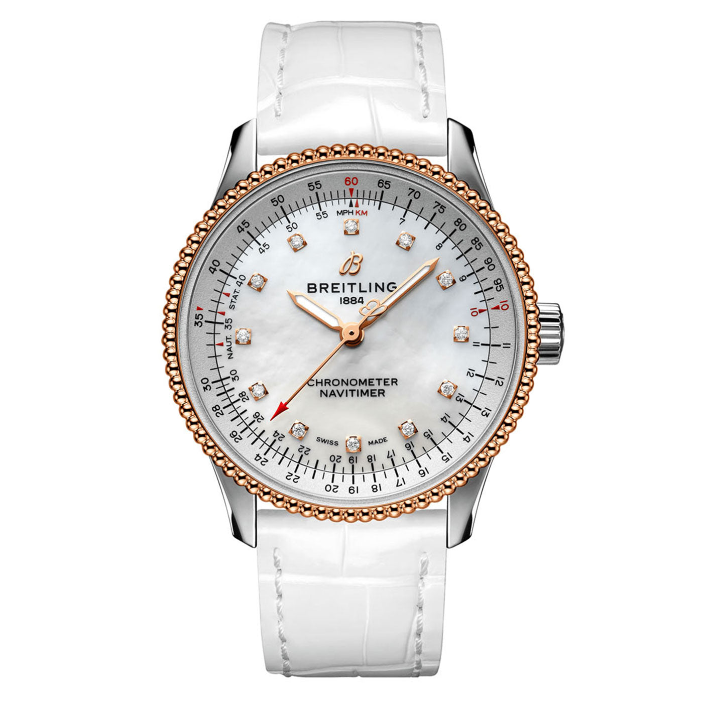 The Certified Pre-Owned BREITLING Navitimer Automatic 35 by Breitling showcases a white leather strap, mother-of-pearl dial, and a gold bezel. It features silver and gold-tone markers and is powered by the COSC-certified chronometer, Breitling Caliber 17. Elegantly topped with the iconic logo at the 12 o'clock position, this wristwatch exudes sophistication.