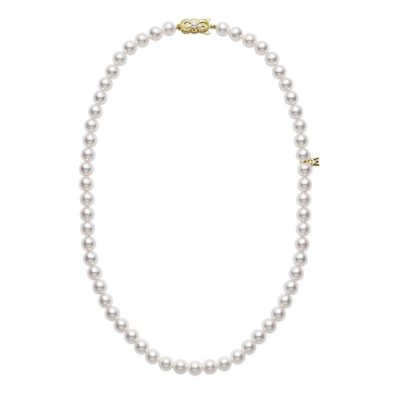 The Mikimoto Akoya Cultured Pearl Strand Necklace by Mikimoto features evenly sized round pearls arranged in a symmetrical strand and is finished with an 18K yellow gold clasp.