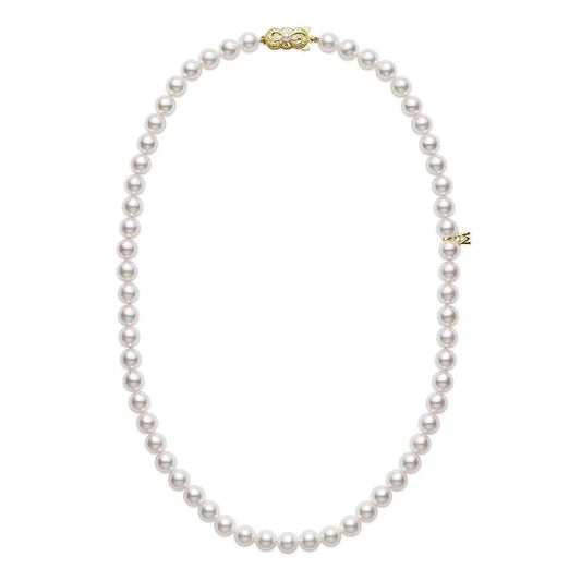 The Mikimoto Akoya Cultured Pearl Strand Necklace by Mikimoto features evenly sized round pearls arranged in a symmetrical strand and is finished with an 18K yellow gold clasp.