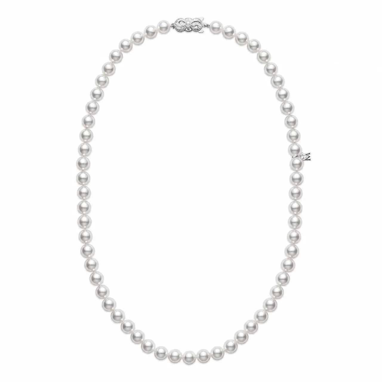 The Mikimoto Akoya Cultured Pearl Strand Necklace, featuring lustrous pearls and a polished 18K white gold clasp, is shown elegantly arranged in a circular shape against a white background.