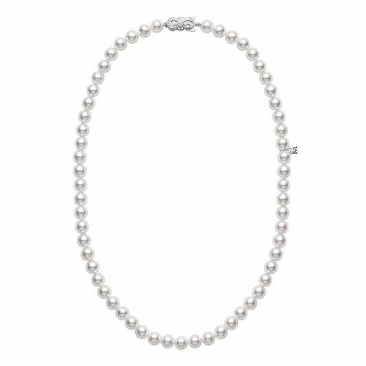 The Mikimoto Akoya Cultured Pearl Strand Necklace, featuring lustrous pearls and a polished 18K white gold clasp, is shown elegantly arranged in a circular shape against a white background.