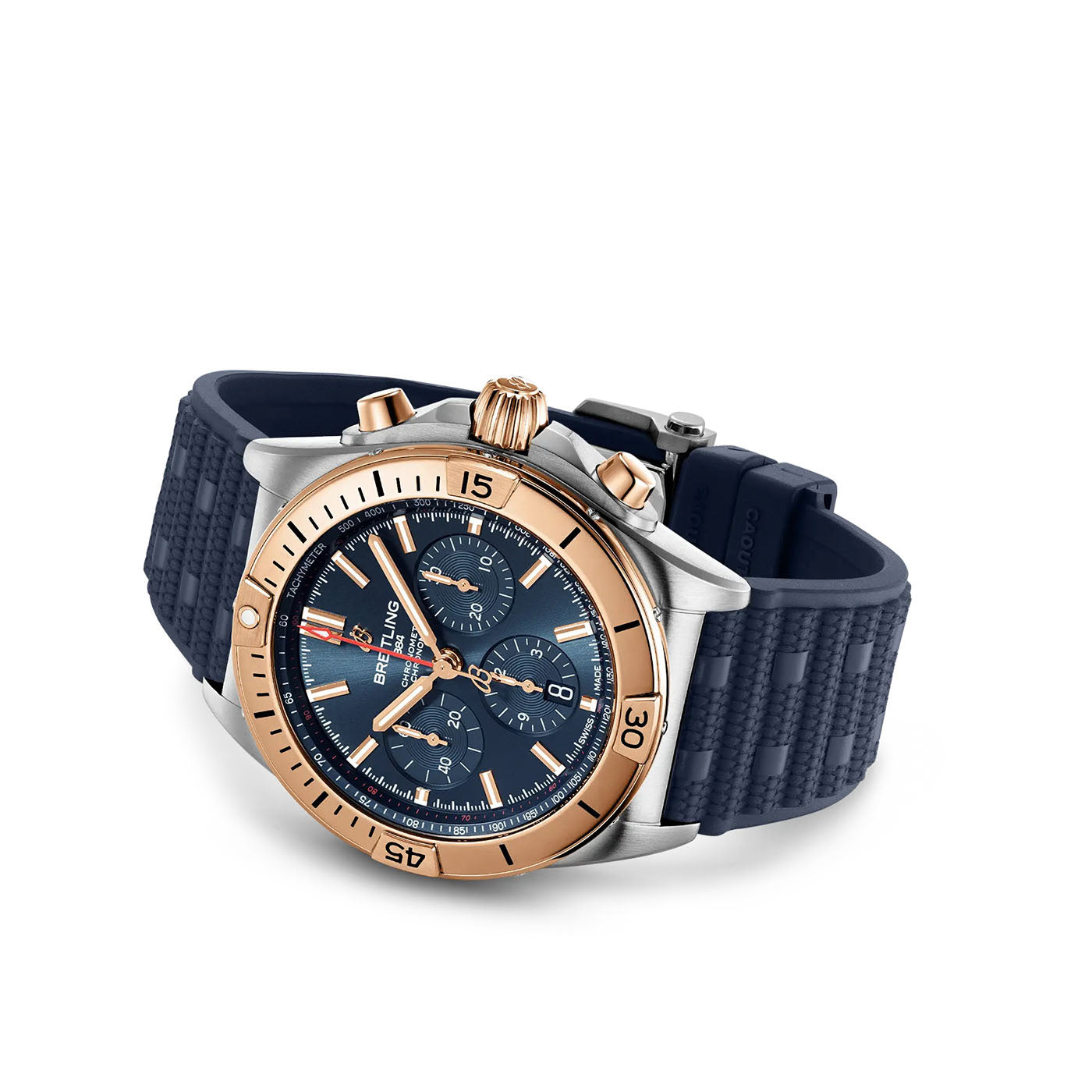 The BREITLING Chronomat B01 42, with its aviation-inspired style, features a blue dial including three sub-dials and a date window. It showcases a rose gold bezel adorned with minute markings and is complemented by a textured blue rubber strap. This watch embodies the sporty yet elegant design that channels Breitling's precision and strength.