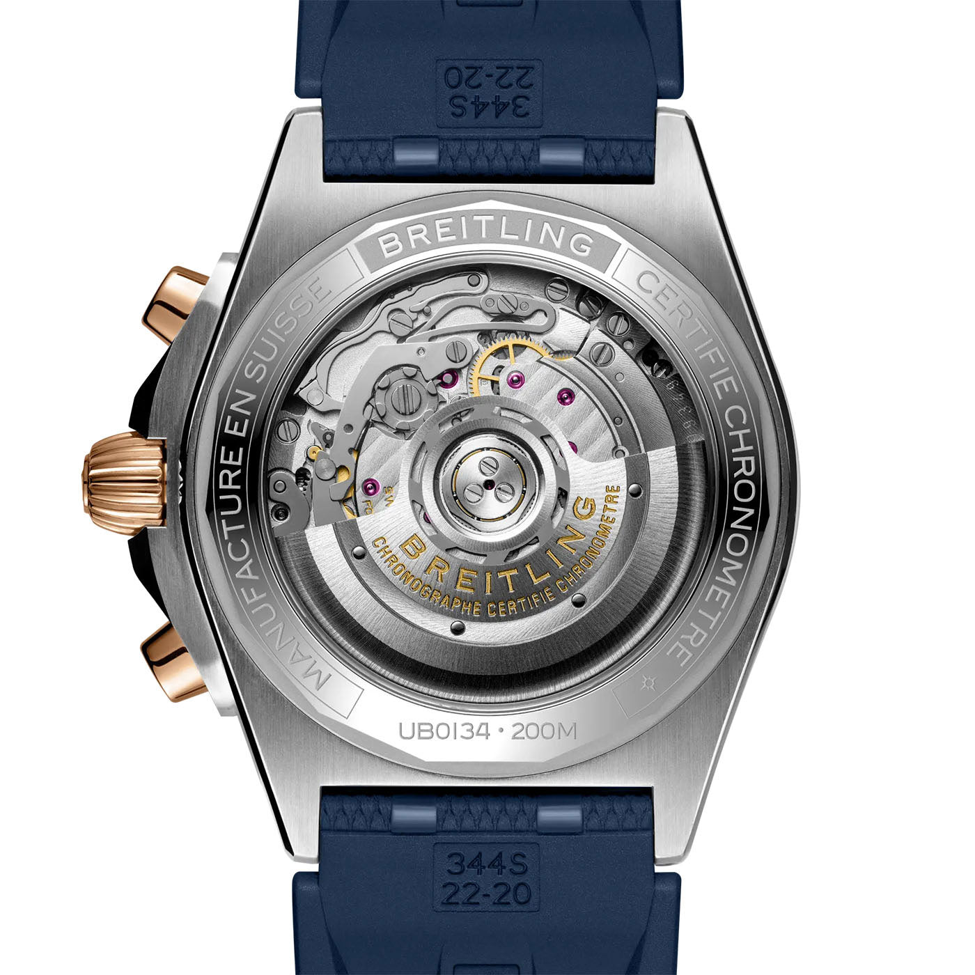 The image displays the rear view of the BREITLING Chronomat B01 42, featuring a transparent case that reveals its complex mechanical movement, reflecting an aviation-inspired design. The perimeter is adorned with engraved text. This watch comes with a striking blue strap and gold-tone details, enhancing its sophisticated and bold appearance.