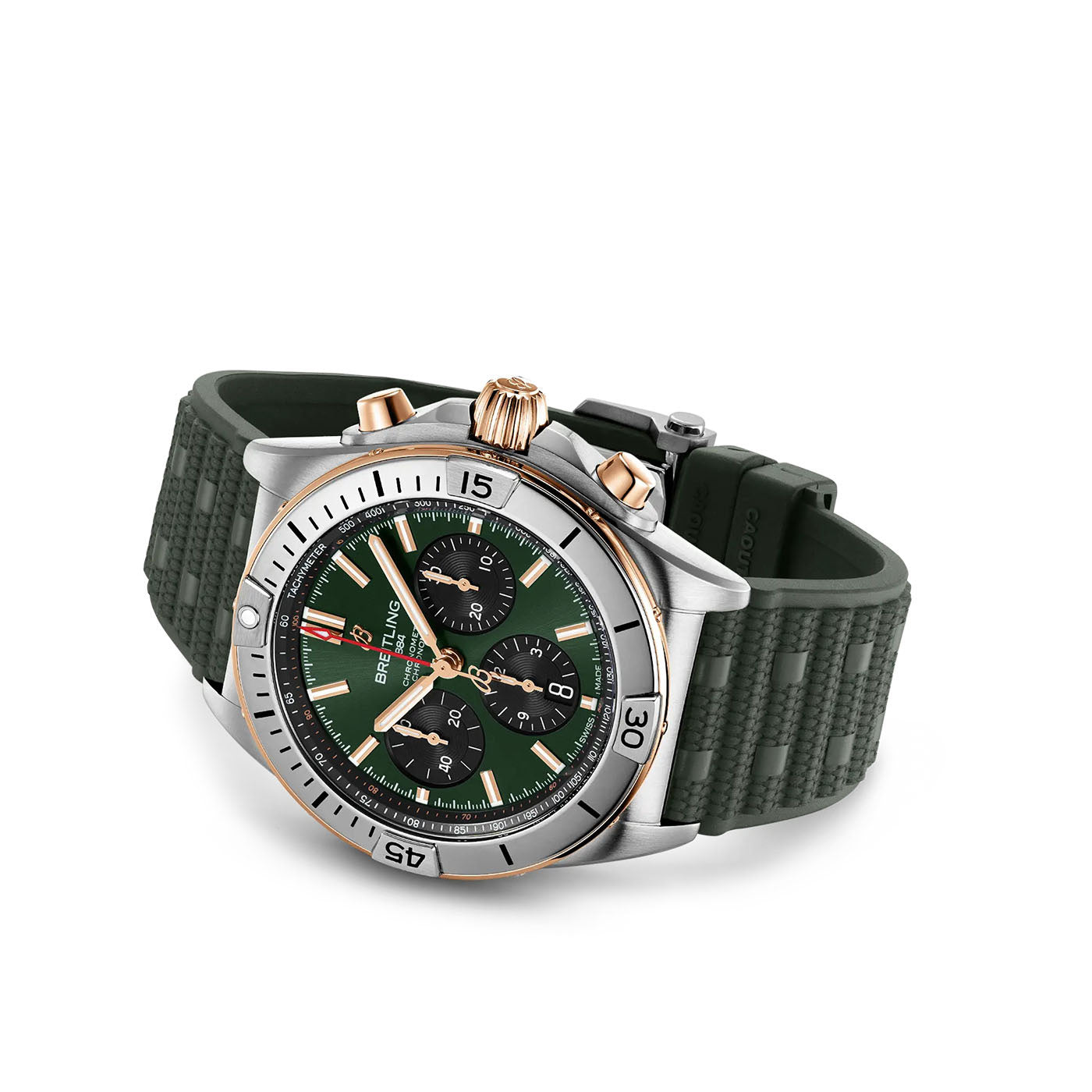 The BREITLING Chronomat B01 42, a classic pilot’s watch from Breitling, features a stainless steel and rose gold case, complemented by a green textured rubber strap. It also includes black subdials and a rotating bezel with minute markings, along with gold-tone crown and pushers.