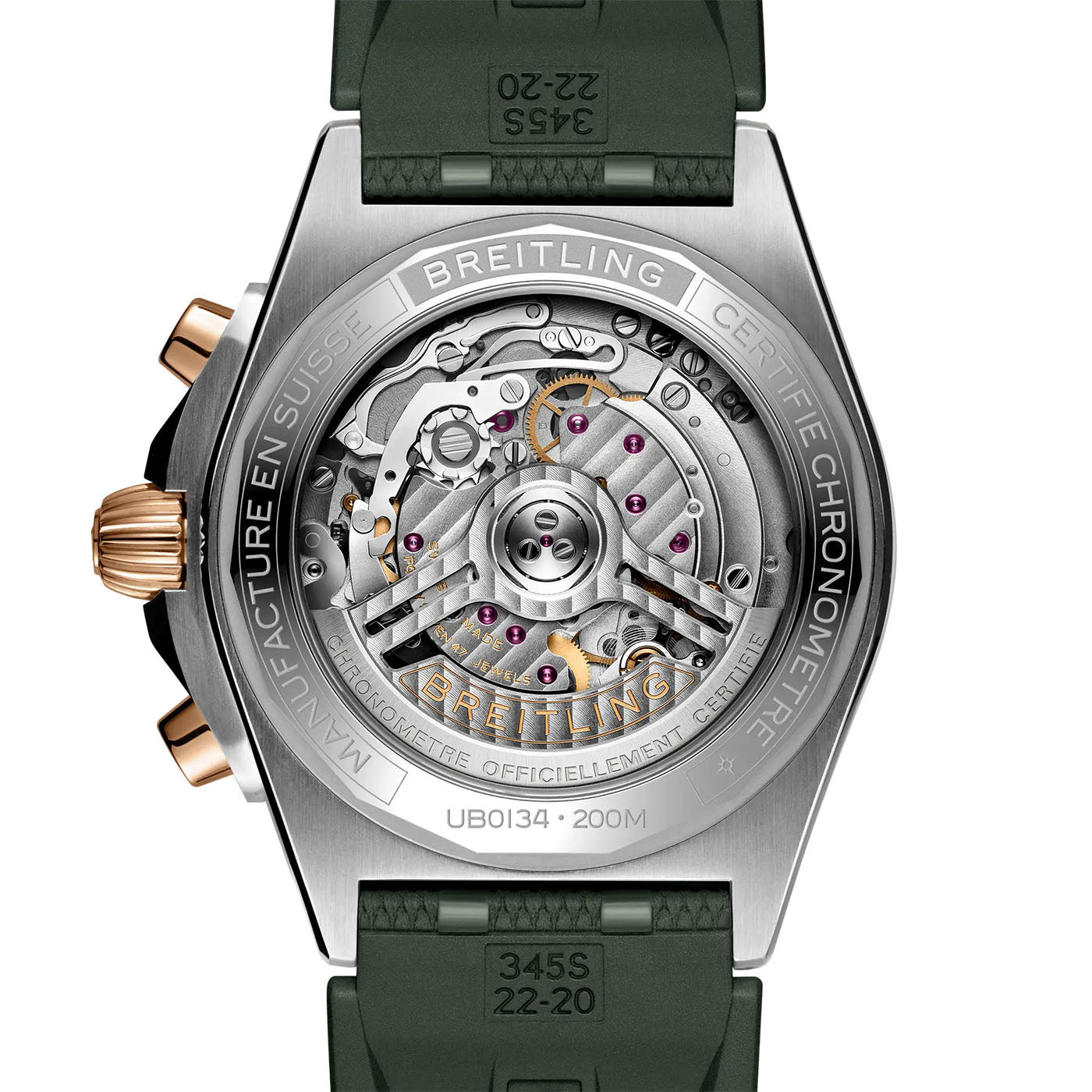 The image displays the back of a BREITLING Chronomat B01 42, showcasing its intricate automatic movement with visible gears and jewels. This classic timepiece features a stainless steel case paired with a green strap. Engravings detail the model number and water resistance.