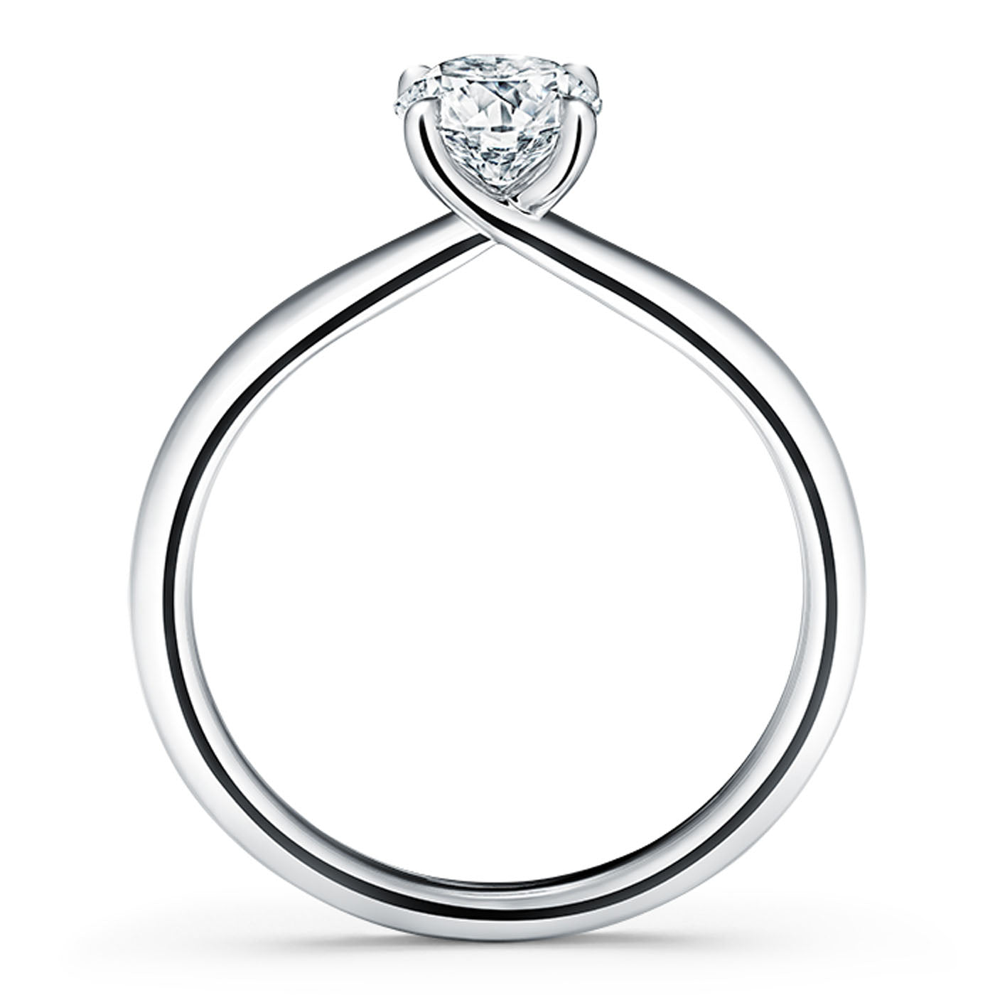 Introducing the Hearts On Fire Vela Platinum Semi Mount Solitaire Engagement Ring, showcasing a stunning round diamond elegantly set in a prong design. This piece from Hearts on Fire features a twisted platinum band that exudes modern and sophisticated style. Presented on a clean white background, it embodies luxury and timeless elegance.