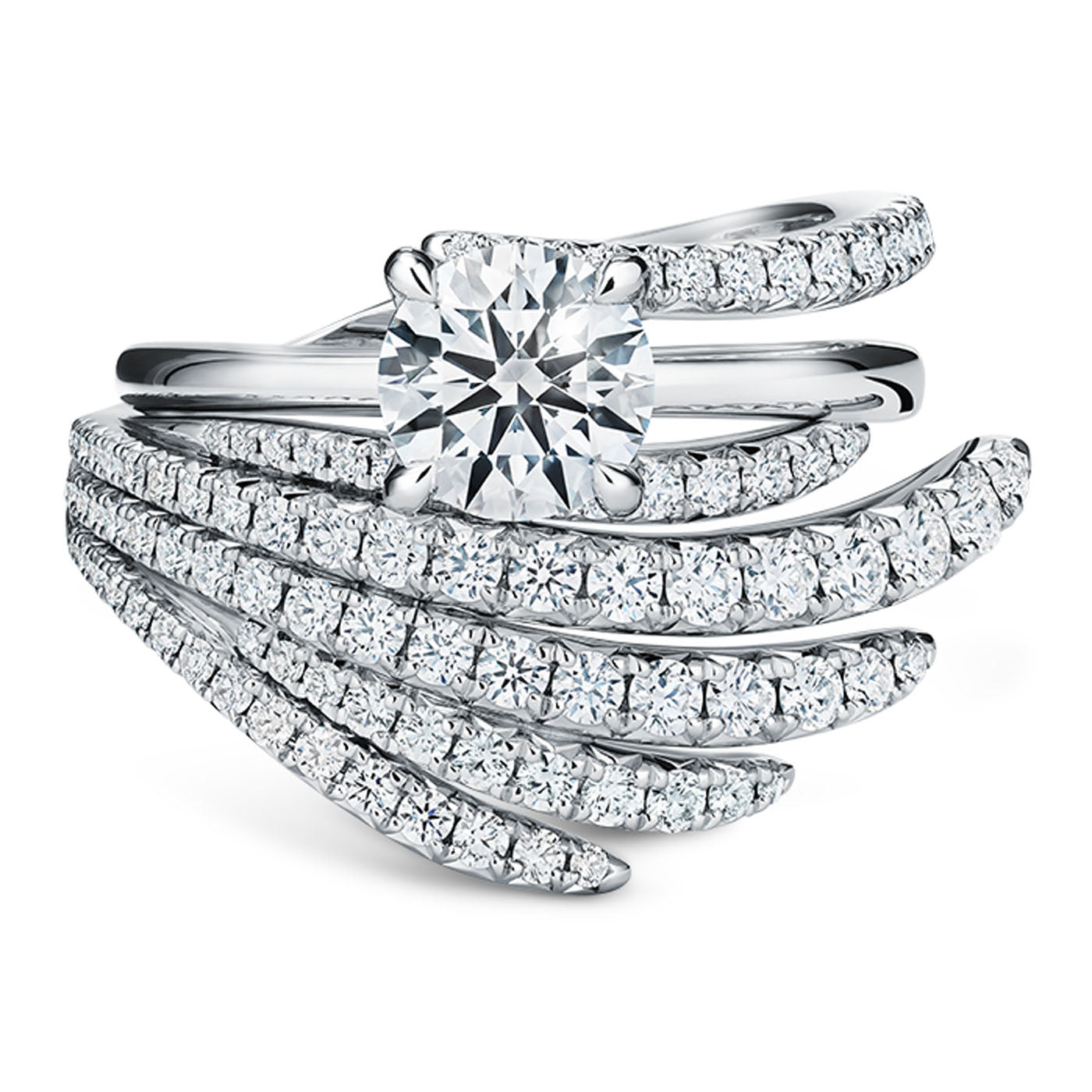 The Hearts On Fire Vela Platinum Semi Mount Solitaire Engagement Ring by Hearts on Fire showcases a large central diamond, accented by multiple curved bands adorned with smaller diamonds, creating an elegant and intricate design.