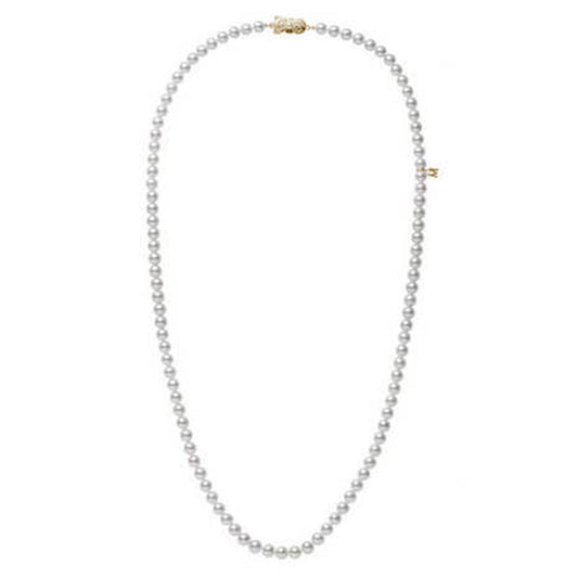 The Mikimoto 34 Inch Akoya Cultured Pearl Strand Necklace, featuring lustrous white pearls and an 18K yellow gold clasp, exhibits timeless elegance with its evenly spaced round pearls against a simple white backdrop.