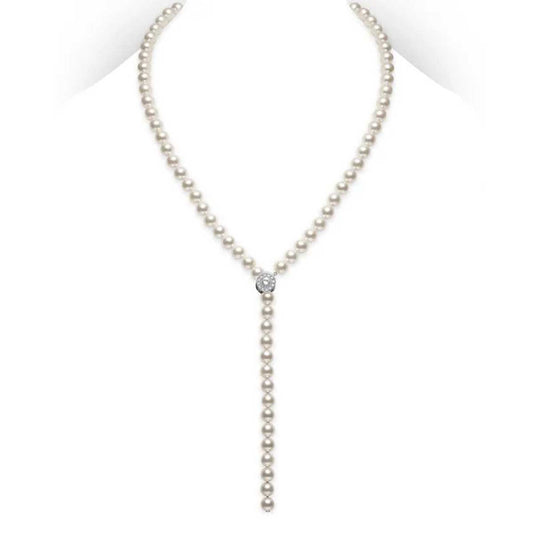 The Mikimoto 18K White Gold Diamond with Akoya Cultured Pearl Lariat, showcased on a mannequin, features a stunning Y-shaped design with pearls cascading from a central cluster set in 18K white gold and accented by a small decorative clasp.