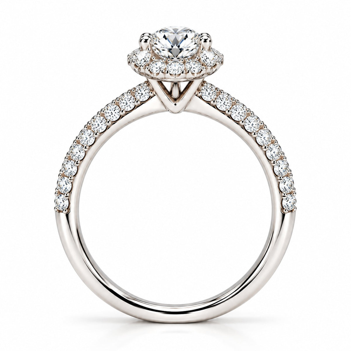 Raffi&Co.® 14K White Gold 1.00 ct Round Lab Grown Diamond Halo Pavé Engagement Ring — angle view