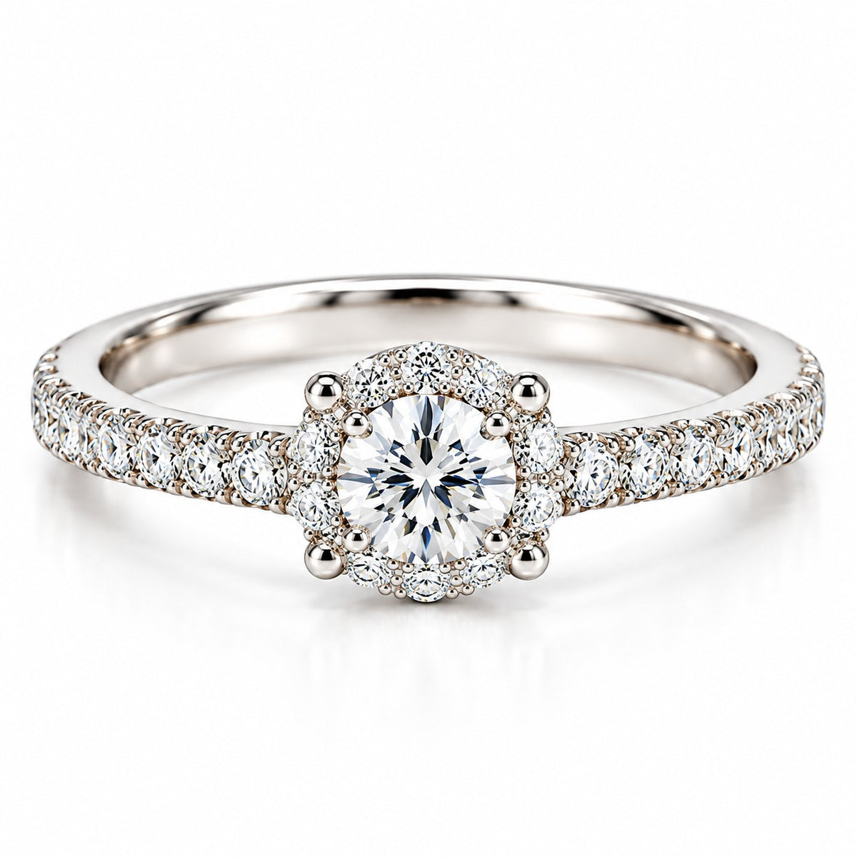 Raffi&Co.® 14K White Gold 1.00 ct Round Lab Grown Diamond Halo Pavé Engagement Ring — front view