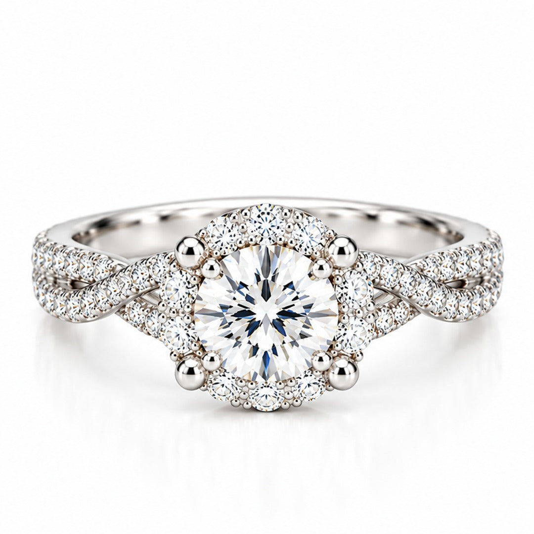 Raffi&Co.® 14K White Gold 1.76 ct Round Lab Grown Diamond Halo Twist Pavé Engagement Ring — front view