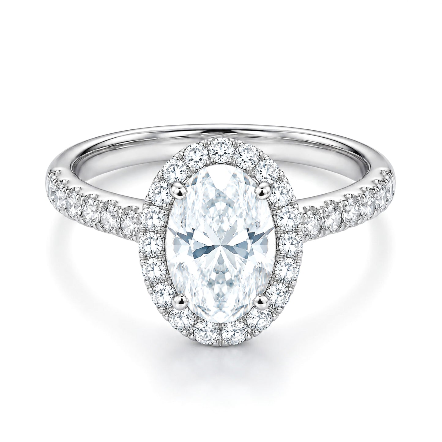 The Raffi&Co.® 14K White Gold Oval Halo Diamond Engagement Ring showcases a stunning 3.56 ct oval diamond, surrounded by a halo of smaller diamonds and more diamonds set along the band.