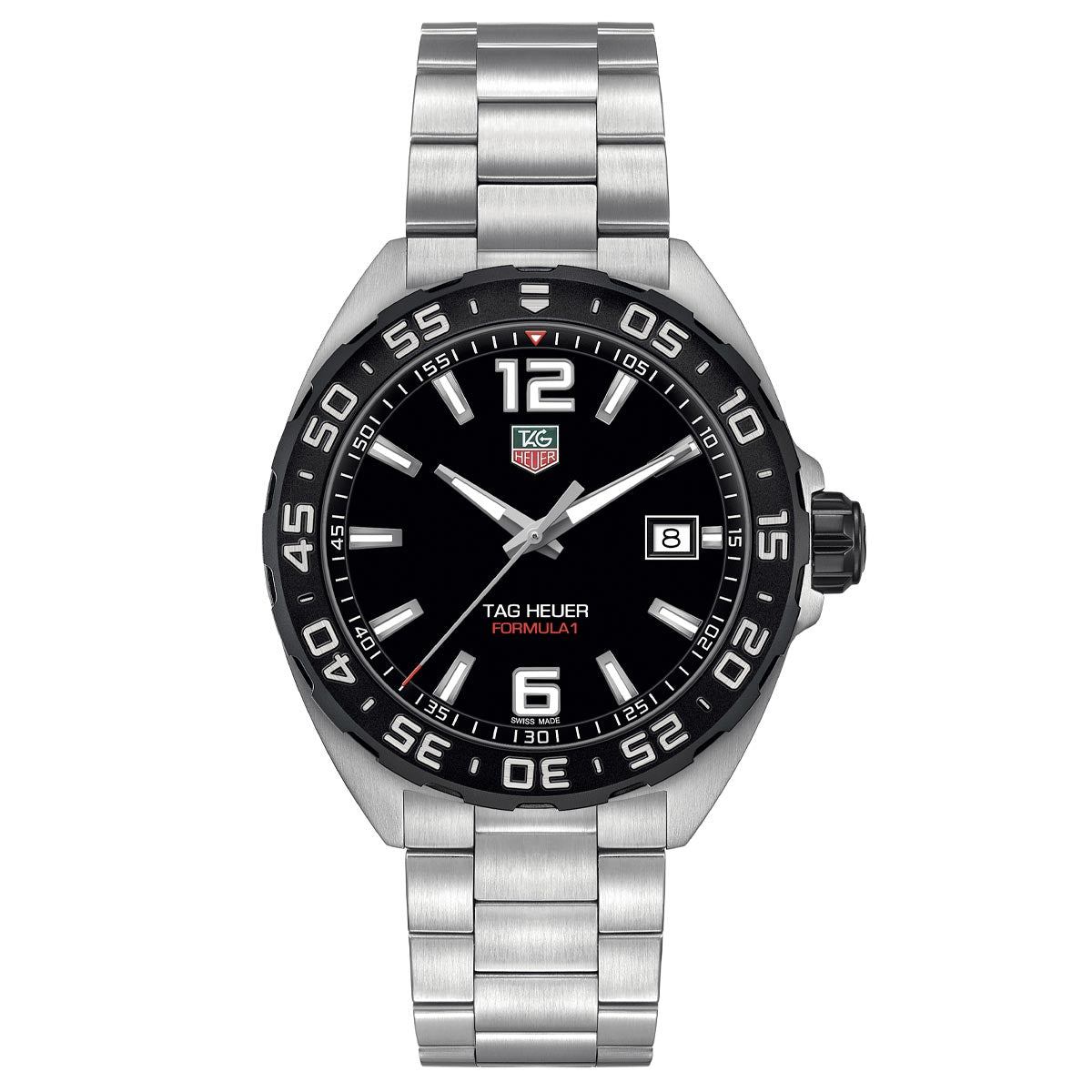 Radiating sporty elegance, the TAG Heuer Formula 1 Date Quartz 43mm Watch showcases a bold black dial with crisp white numerals, a convenient date window at 3 o’clock, and a durable stainless steel bracelet. Minute markers accent the bezel, while the iconic TAG Heuer logo is prominently displayed just below 12.