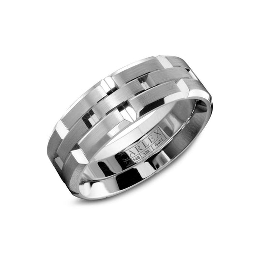 A men's wedding band in 18K white gold, showcasing a modern interlocking rectangle design with a matte finish. Its interior is elegantly engraved with "Carlex" and other detailed inscriptions, truly capturing the essence of the Crown Ring Carlex High Polish Finish 18K White Gold Wedding Band by Crown Ring.