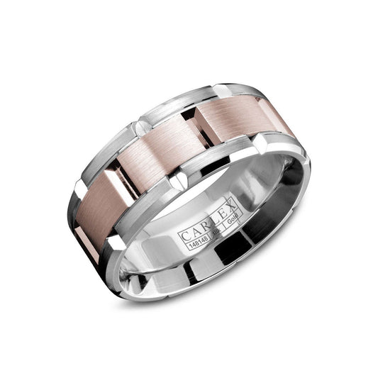 A chic emblem of love, the Crown Ring Carlex High Polish Finish 18K White and Rose Gold Wedding Band features a contemporary geometric design with alternating panels. Its lustrous surface beautifully reflects light, ensuring this exquisite piece from Crown Ring captures attention.