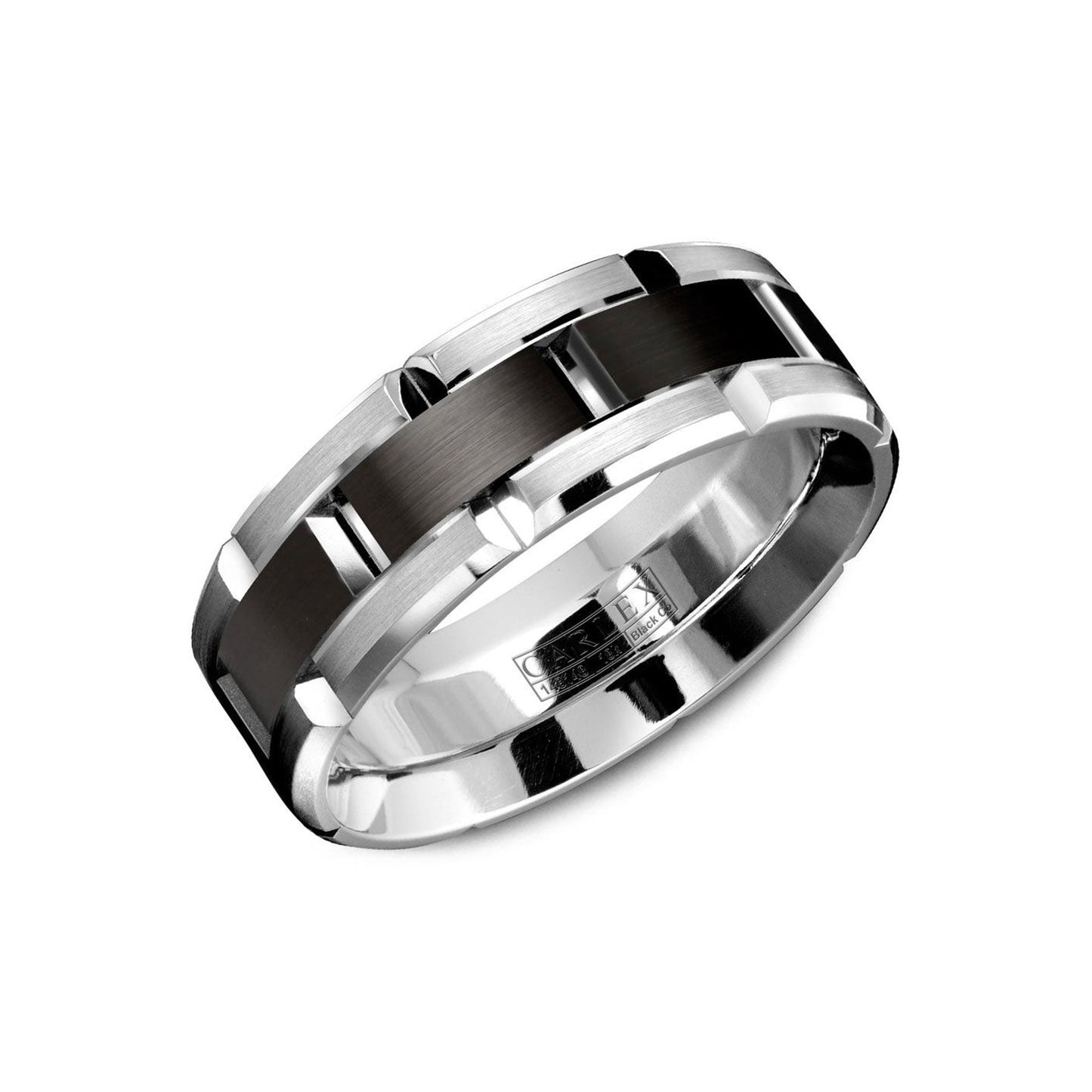 This elegant men's wedding band from the Crown Ring Carlex collection features a modern geometric design with a high polish finish. Crafted with black cobalt and 18K white gold, it offers a sleek and contemporary look that is beautifully highlighted against its plain white background.