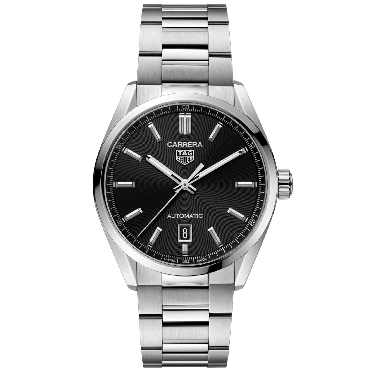 A TAG Heuer Carrera Date Automatic 39mm watch by TAG Heuer, featuring a black dial with silver hour markers, a date window at 6 o’clock, and presented on a stainless steel bracelet.