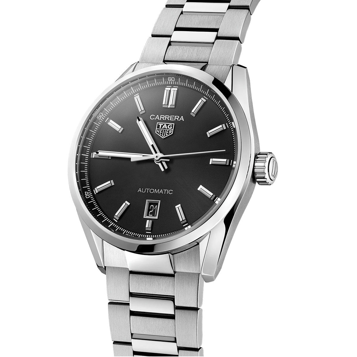 The TAG Heuer Carrera Date Automatic 39mm Watch by TAG Heuer features a sleek silver case, a striking black dial with silver hour markers, a date display at 6 o’clock, and a matching metal bracelet. Displayed at an angle against a white background, this sophisticated timepiece is driven by the Calibre 5 Automatic movement for exceptional precision and reliability.