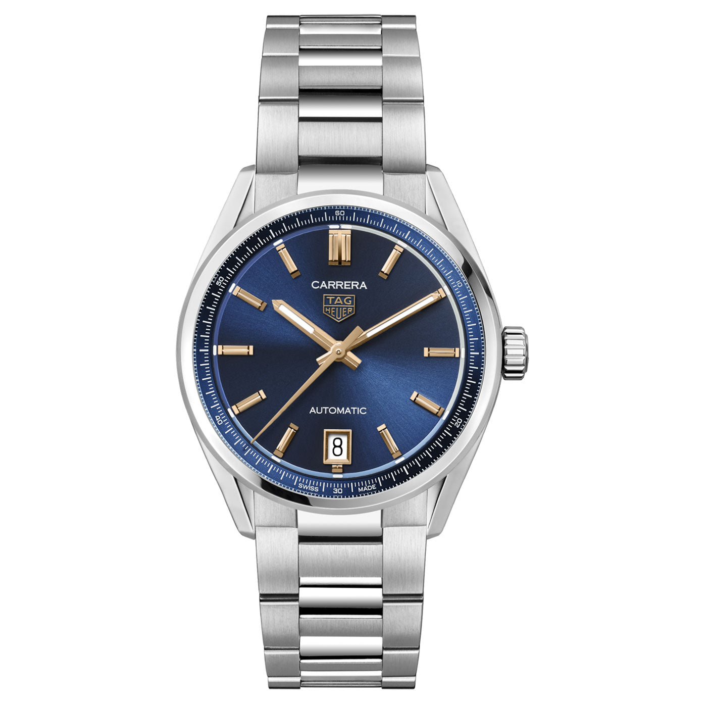 The TAG Heuer Carrera Date Automatic 36mm Watch by TAG Heuer features a silver case, striking blue dial, gold hour markers and hands, and a date window at 6 o’clock, all powered by the Caliber 7 Automatic movement. The watch is displayed against a white background.